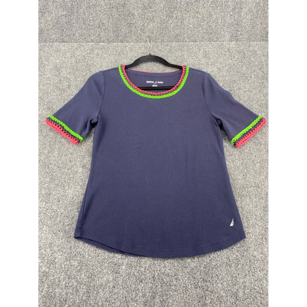 Nautica Jeans Co Crochet Trim T-Shirt Womens Medium Navy Blue Short Sleeve Top